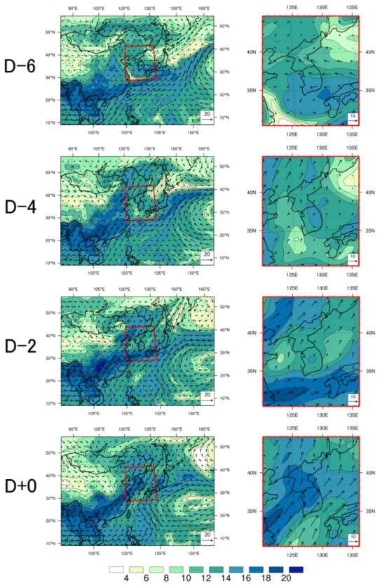 Fig. 8. Same as Fig. 7, but for 850 hPa wind (m s −1 ) and specific humidity (g kg −1 ).
