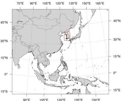 Fig. 1. Map of CORDEX-East Asia area. Rectangular box indicates the Korean area used in this study (124 o E-130 o E, 33 o N- N-40 o N).