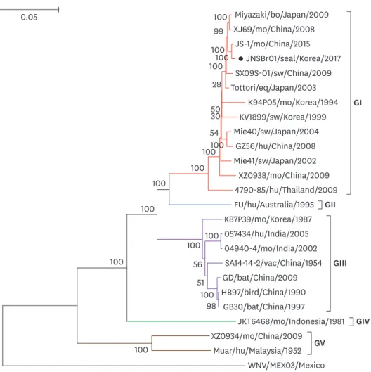 Fig. 3. Phylogenetic analysis of JEV isolated from the spotted seal (JNSBr01/2017, indicated by a closed circle)  and other JEV strains based on full-length nucleotide sequence similarity with a tree constructed using a  neighbor-joining method