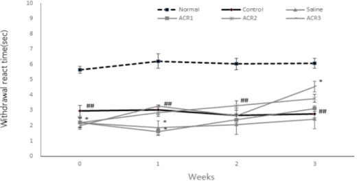 Fig. 2. Effects of Araliae Continentalis Radix pharmacopuncture on the withdrawal react time in the neuropathic pain induced rats