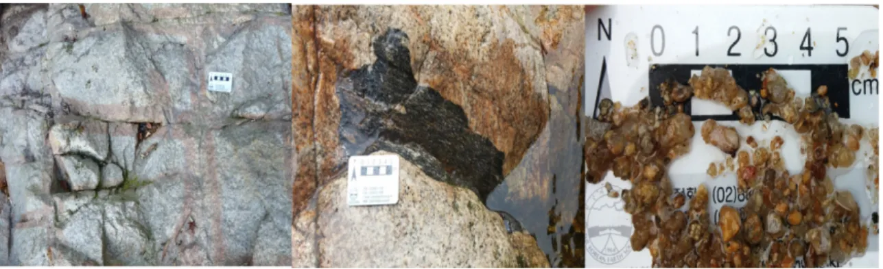 Fig. 14. Joint on the granite (Left). Fig. 15. Xenolith (Middle). Fig. 16. Particles in the valley (Right).