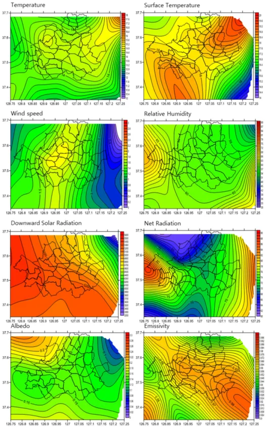 Fig. 11.  The distributions of meteorological variables and radiation properties. Meteorological variables included temperature, surface temperature, wind speed and relative humidity