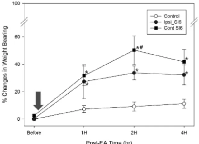 Fig.  2.  Effects  of  electroacupuncture(EA)  application  to  SI6  acupoint  in  weight  bearing  of  the  limb  following  ankle  sprain  induced  by  surgical  model  in  rats