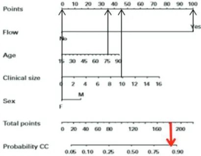 Figure 2.1. Nomogram plot (Iasonos et al., 2008). - 각 위험요인에 할당된 점수를 나타내는 Points 선 표현 각 위험 요인의 Points 값은 0에서 100 사이의 값을 가지게 된다