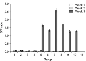 Fig. 4. S/P ratio column chart with SD bars per week as  determined by ELISA. The error bars show the standard deviation of the means