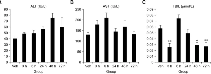 Fig. 4. Time-course changes in miR-122 expression. In the  APAP-treated groups, miR-122 expression was higher than in the vehicle group