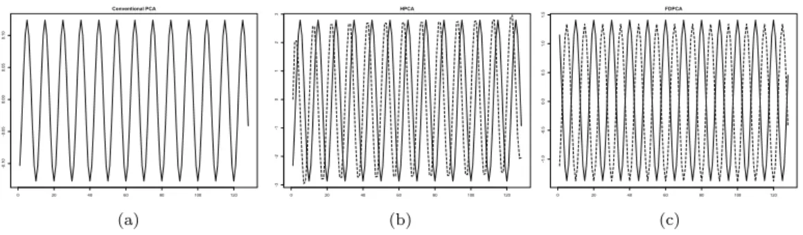 Figure 4.1. (a) First PC from conventional PCA, (b) First PC from HPCA, and (c) First PC from FDPCA
