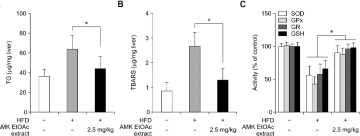 Fig. 3. Effects of EtOAc extract of AMK on hepatic TG and lipoperoxide content in NASH mice