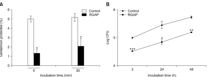Fig. 1. Effect of red ginseng acidic polysaccharide (RGAP) on invasion and intracellular growth of Brucella (B.) abortus