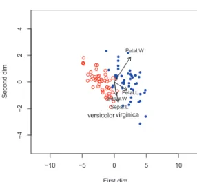Figure 2.2. Visualization of the iris data in scaled Euclidean space: versicolor versus virginica.