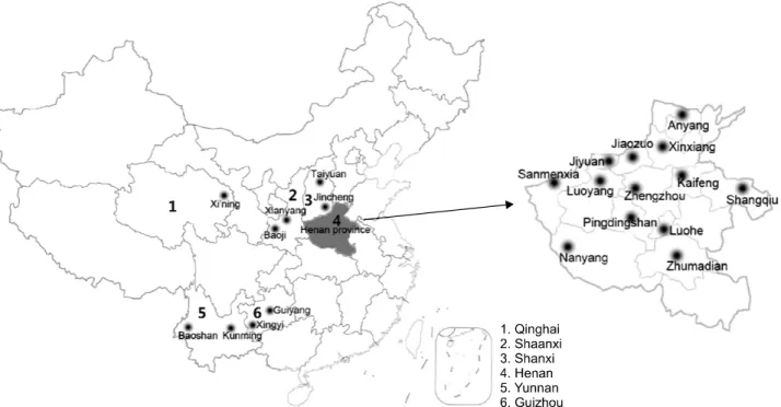 Fig. 1. Map of China provinces showing the investigated locations in the present study.