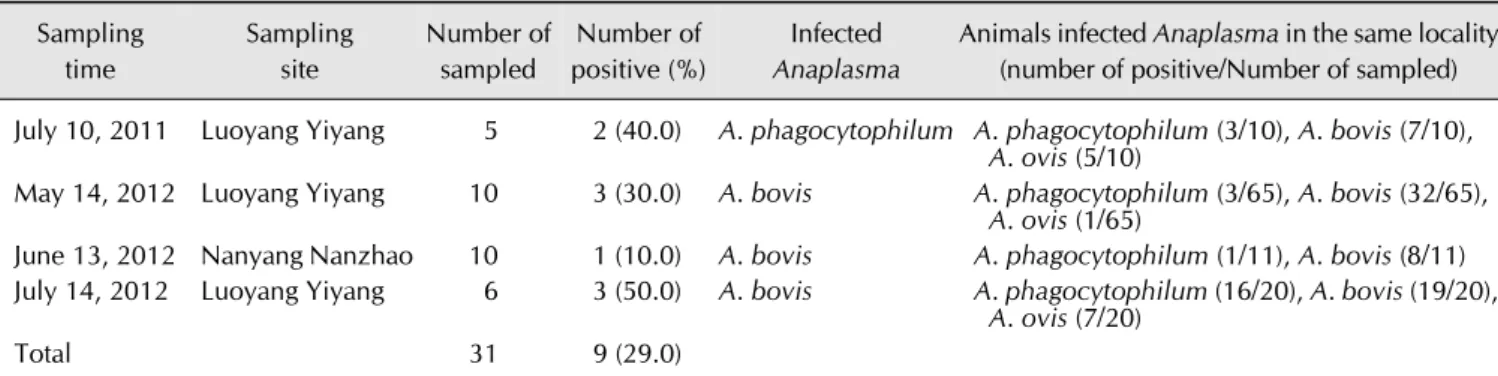 Table 3. Detection of Anaplasma in ticks and animals Sampling  time Sampling site Number of sampled Number of positive (%) Infected  Anaplasma