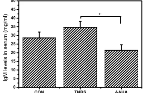 Fig. 8. Effects of AAHA injection into HapGok  (LI4) on IgG levels  in rats. All animals  were subjected heart-puncher in time of  2D for blood-gathering after being  anes-thetizing by enflurane