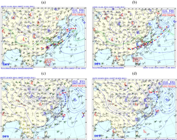 Fig. 2. Surface synoptic charts at (a) 00 UTC, (b) 12 UTC 21 July 2010, (c) 00 UTC and (d) 12 UTC 23 November 2010.