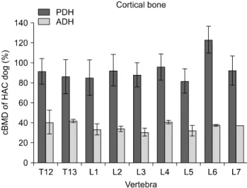 Fig. 8. The percentage of trabecular bone mineral densities  (tBMD) of HAC dogs compared with those of normal dogs