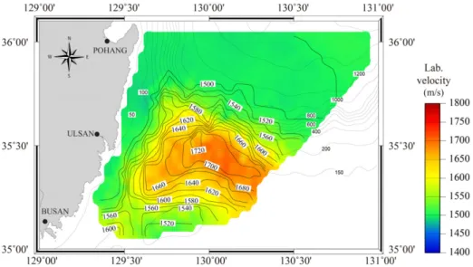 Fig. 4. Distribution of laboratory sound velocity (m/s) in the study area. Contours of bathymetry are in meters.