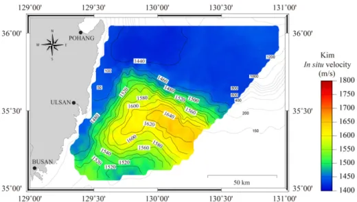 Fig. 8. Distribution of in-situ sound velocity (m/s) using Hamilton (1980) model and seafloor temperature