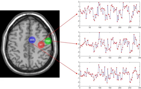 Figure 3.1. Time-series signals measured at three brain regions in the parietal cortex