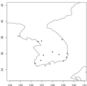 Figure 4.3. The geographical area used for this study (Closed circles indicate the locations of 12 weather stations for the observed precipitation in Korea).
