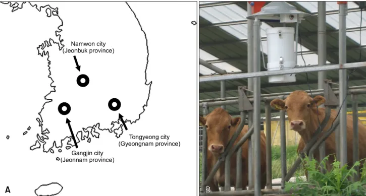Fig. 1. (A) The location of the three sampling sites in the southern part of Korea. (B) The light trap, equipped with three 8 W lights and a downdraft suction motor that was placed on the cattle farm.