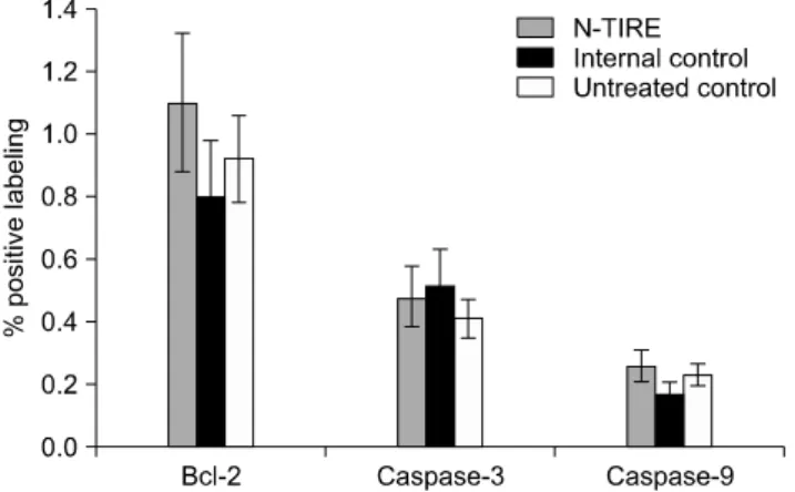 Fig. 8. Immunohistochemical evaluation of apoptosis. No  differences in Bcl-2, caspase-3, and casapse-9 immunoreactivity were observed between N-TIRE-treated and control brain  tissues