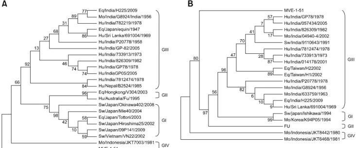 Fig. 2. Phylogenetic relationships of JEV/eq/India/H225/2009 with other JEV strains based on complete E (A) and prM (B) gene sequences.
