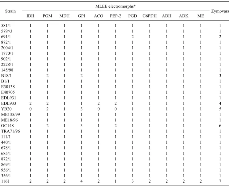 Table 2. Numerical representation of electromorphs and zymovars according to MLEE analysis of E