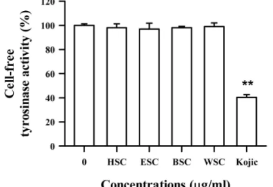Fig. 7. Effects of HSC, ESC, BSC, and WSC on the tyrosinase activity in a cell-free system.