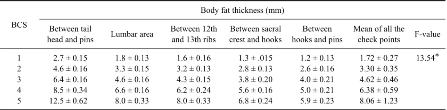 Table 6. Correlation among body condition score (BCS), mean  carcass fat reserves and mean ultrasonographic fat reserves
