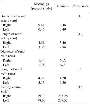 Table 1. Micropig renal vascular data No. Weight (kg) Diameter of  renal artery (cm) Length of  renal artery (cm) Diameter of  renal vein (cm) Length of  renal vein (cm) Volume of kidney (mL)