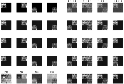 Figure 4.3. The four true latent features (top of the left column). Estimated latent features using the algorithm 1–