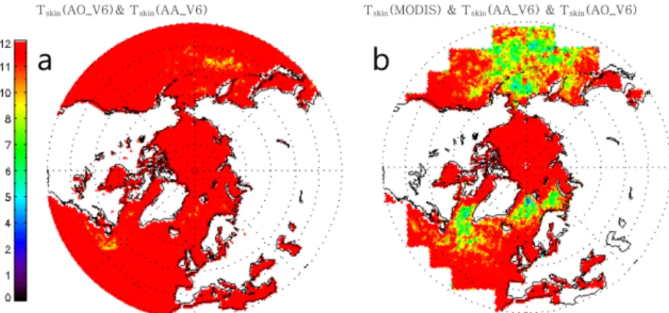 Fig. 3. The spatial distributions of (a) T skin (MODIS) minus T skin (AA_V6), (b) T skin (MODIS) minus T skin (AO_V6), and (c) T skin (AO_V6) minus T skin (AA_V6) over the northern hemisphere during April 16-24, 2003-2014.
