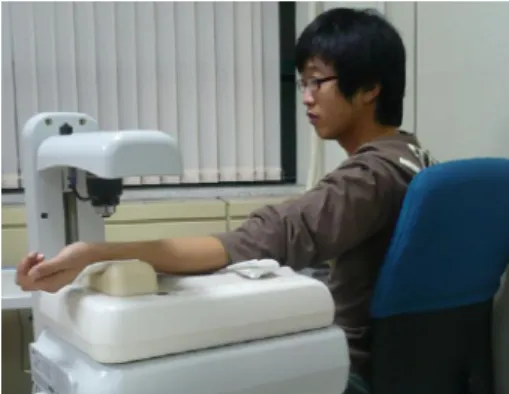 Fig. 1. Pulse waveform measurement in a sitting posture (on left Kwan)
