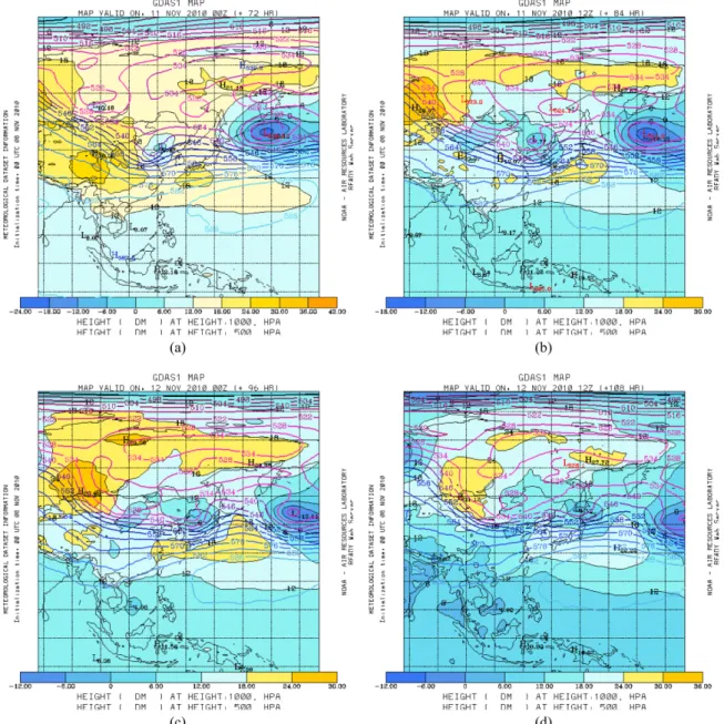 Fig. 2. The spatial distribution in geopotential height (m, ×10) between 500 hPa surface (lines) and 1000 hPa surface (filled con- con-tours) at (a) 0000 LST on 11 November 2010, (b) 1200 LST on 11 November 2010, (c) 0000 LST on 12 November 2010, and (d) 1