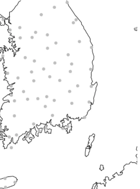 Figure 4.1. Locations of 62 observing stations