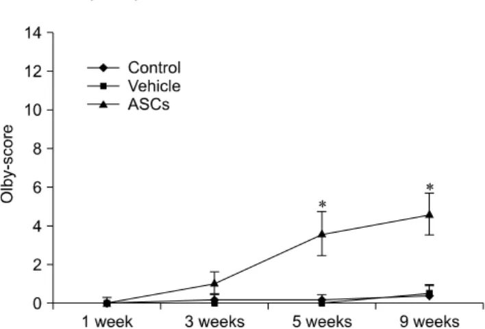 Fig. 4. Olby scores during the 9 week post-SCI study period. 
