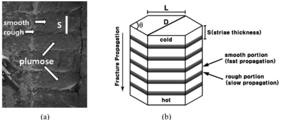 Fig. 10. Striae of the columnar joint (a) and schematic illustration (b) (modified of the Grossenbacher and McDuffie, 1995).