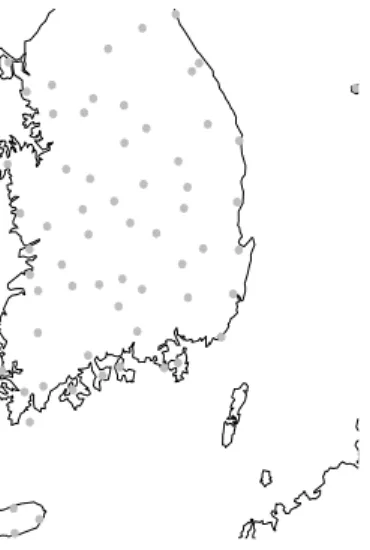 Figure 4.1. Locations of 62 observing stations