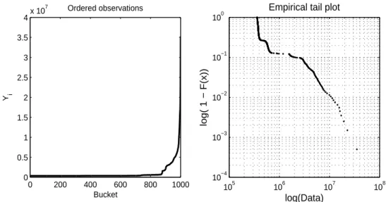 Figure 3.1. Bucket processing time (ordered) and corresponding empirical tail plot. It can be observed that bucket processing time is uniform in most of time, but also have few very long processing time