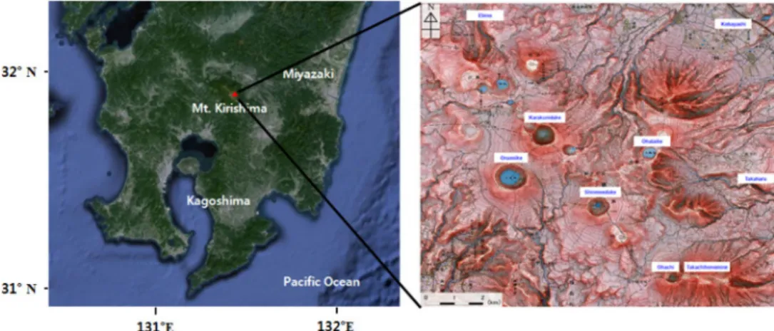 Fig. 1. Location of Mt. Kirishima and its topography with 50 m horizontal scale provided by the Geospatial Information Authority of Japan.