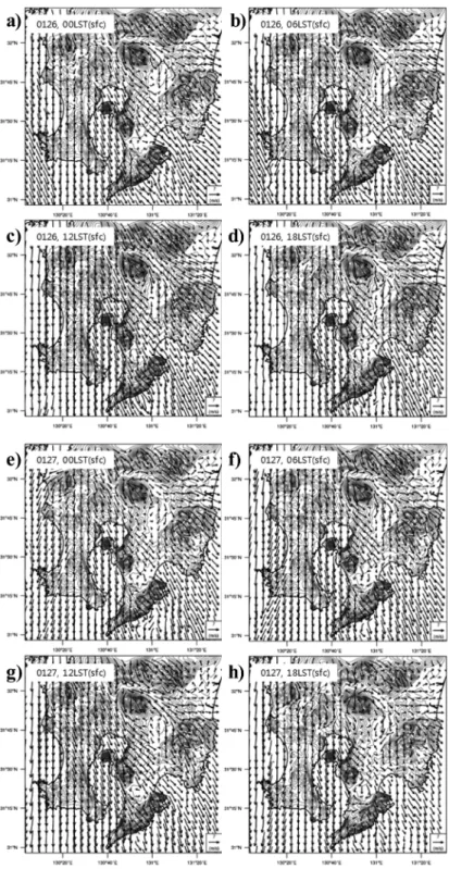 Fig. 4. Surface wind fields estimated by WRF simulation from 0000 LST January 26, 2011 with 6 hour interval (a-h).