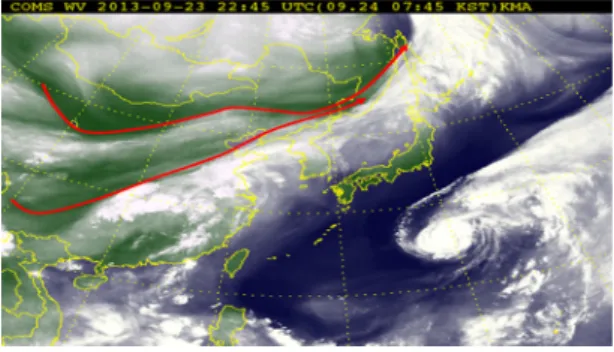 Fig. 3 에서  나타난  제트류(붉은  선)는  수증기  영상 암역의  경계  위치와  거의  일치하지만  편서풍대에서 Fig. 3. Relationship between dry area and Jet axis at watervapor image at 2245 UTC 23 September 2013.