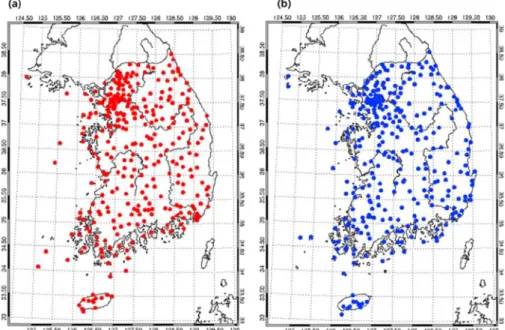 Fig. 1. Spatial distribution of rain gauge positions used (a) to adjust radar rain rates and (b) to verify adjusted radar rain rate.