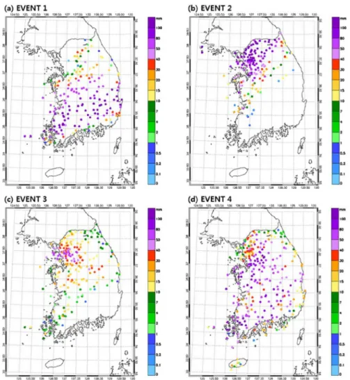 Fig. 2. Amount of the total accumulated rainfall observed by the Automatic Weather System (AWS) for each event.