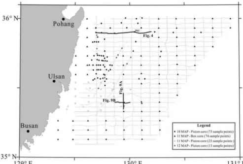 Fig. 2. A map showing the vessel tracks (dotted lines) and the core sites in the study area