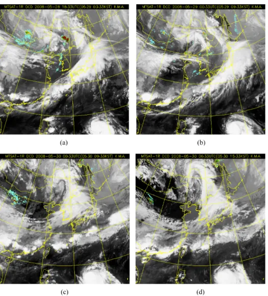 Fig. 2. MTSAT satellite image maps related to Asian dusts. (a) 0333 LST on 29 May 2008, (b) 1500 LST on 29 May 2008, (c) 0900 LST on 30 May 2008, and (d) 1500 LST 30 May 2008.