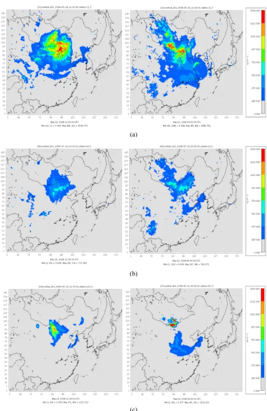 Fig. 5. The simulated spatial distribution of surface PM10 concentrations (µg m −3 ) using the WRF-Chem model in East Asia at 2100 LST on 29 May (left panel) and 1500 LST on 30 May 2008 (right panel)