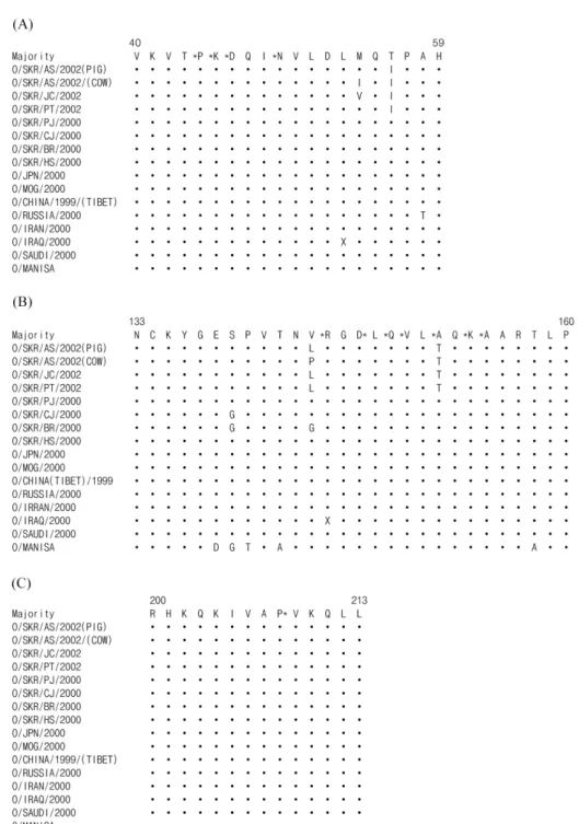Fig. 2. Comparison of deduced amino acid residues at neutralizable antigenic sites of VP1 polypeptide from Korean viral isolates and several different O-Type FMD virus strains.