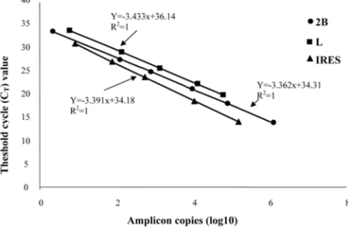 Fig. 1.  Standard curves for FMDV O/SKR/2002 obtained using serial dilutions with three different primer/probe sets