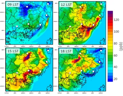 Fig. 7. Instantaneous areas of influence of the NO x  concentration with respect to O3 in Daegu receptor area (dotted square) at - -6 h, -12 h, -18 h, and -24 h from the receptor time, 15 LST 5 August.